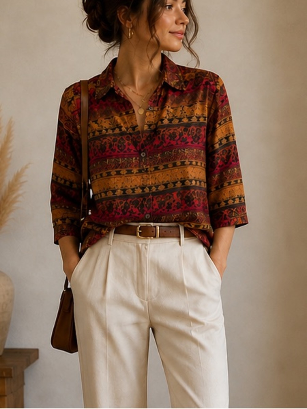 French Laundry Boho Print Blouse M 3/4 Sleeve Fall Aesthetic Top